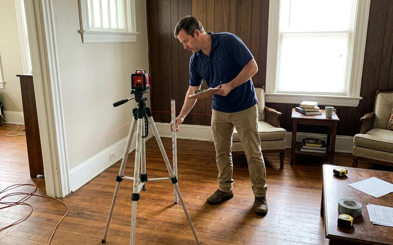 Inspector measuring floor elevation with a laser level to document settlement