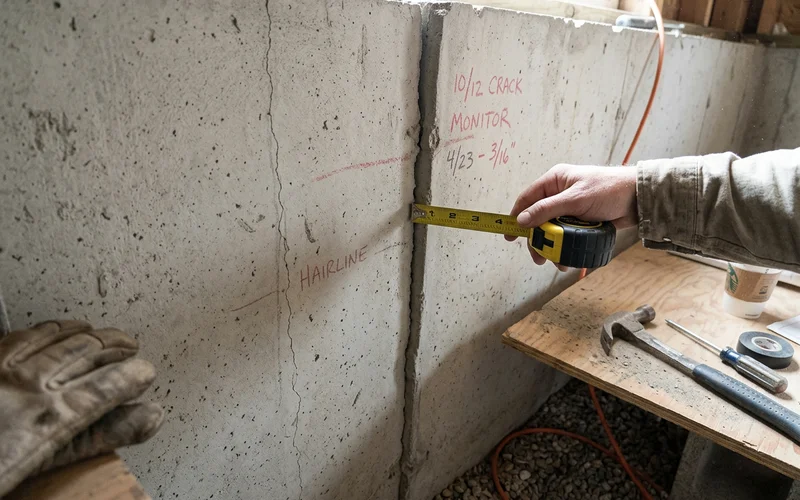 Close-up comparing a hairline shrinkage crack with a wider displaced structural crack