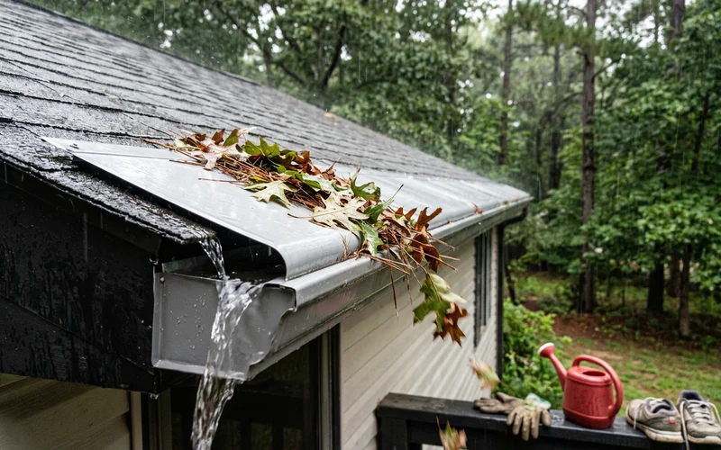 Close-up of a covered gutter hood shedding leaves while rainwater enters the trough