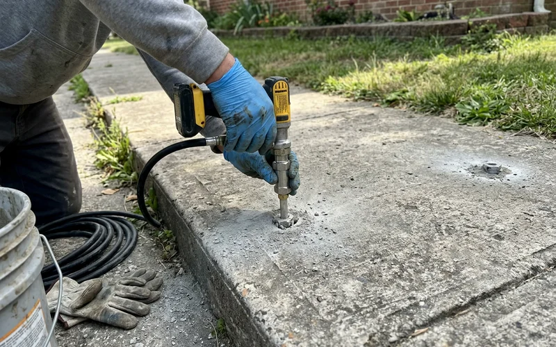 Close-up of a small injection port and injection gun during a concrete lift