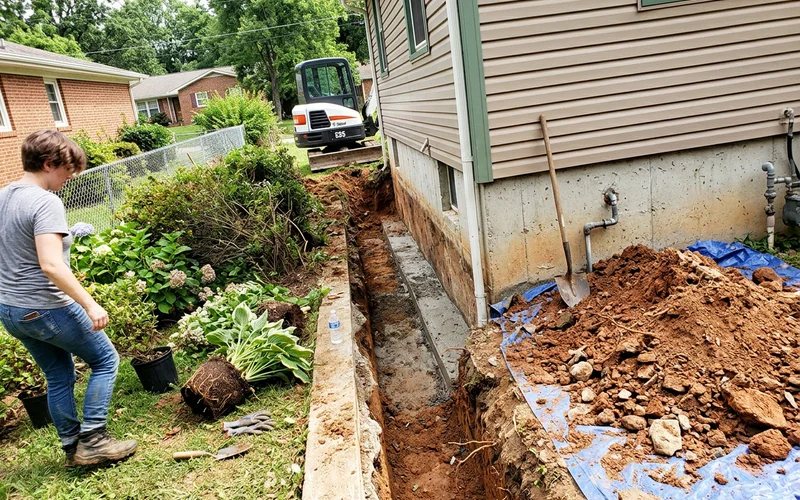 Exterior excavation trench dug to the footing with landscaping removed