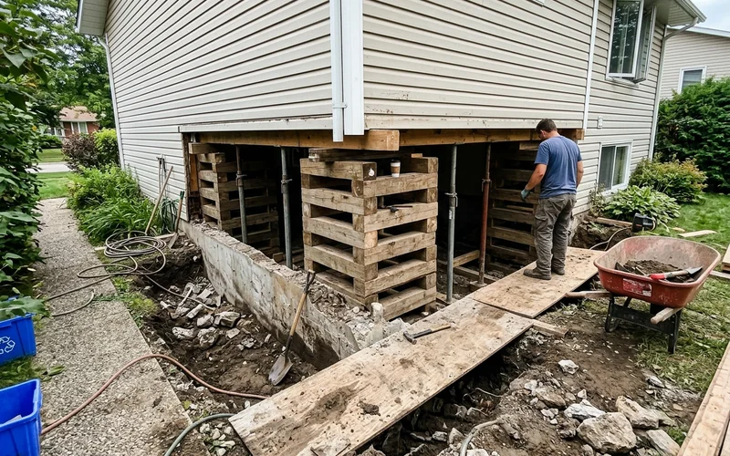Full foundation rebuild with the home shored on cribbing and the old wall removed