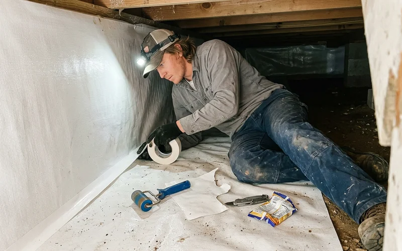 Specialist sealing a seam of 20-mil reinforced vapor barrier in a low-clearance crawl space