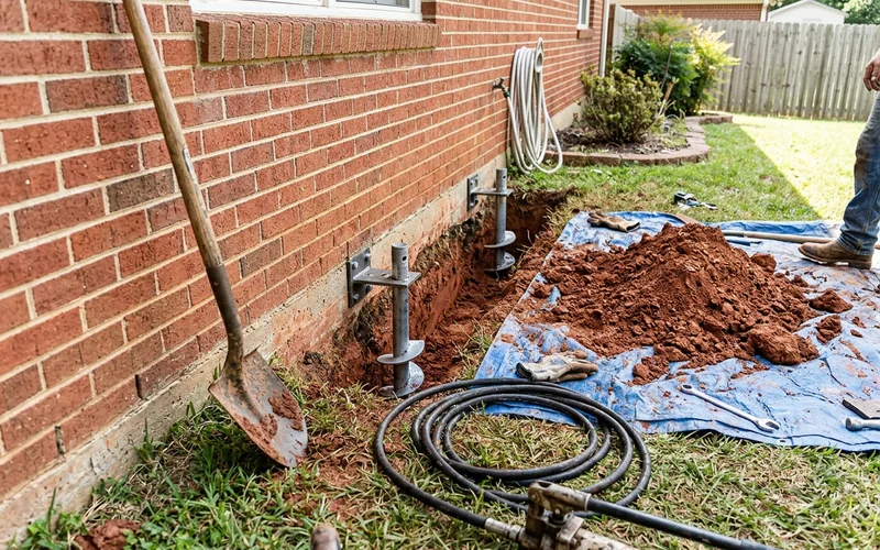 Foundation stabilized with steel piers installed at the footing line in a narrow trench