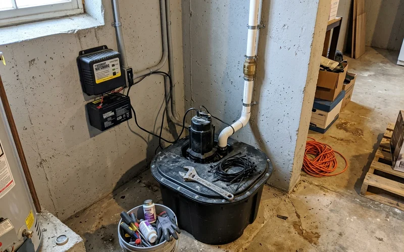 Submersible sump pump in a sealed basin with a battery backup unit