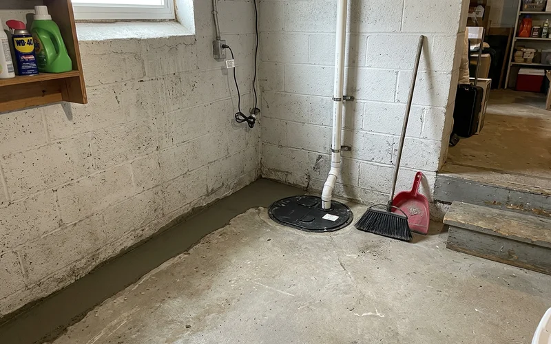 Interior perimeter drainage system installed along a basement slab edge with a sump basin