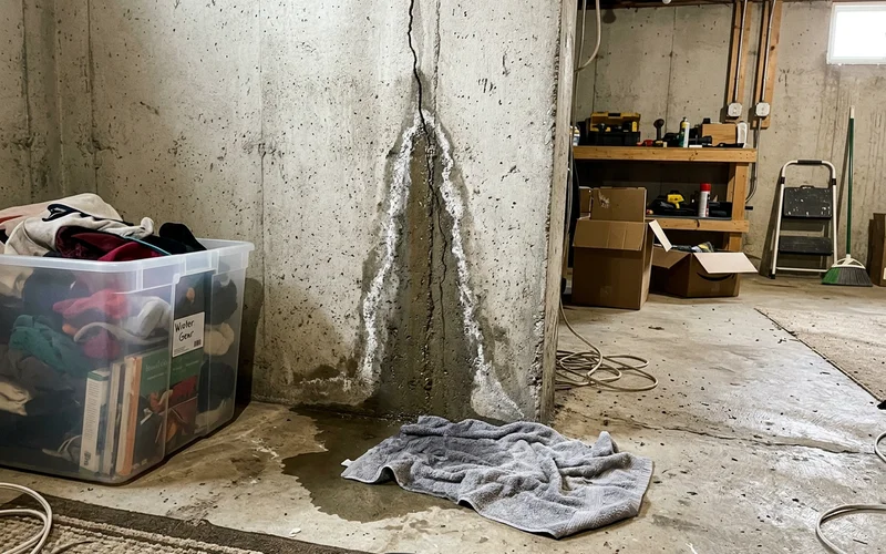 Water seeping through a vertical crack in a poured concrete basement wall