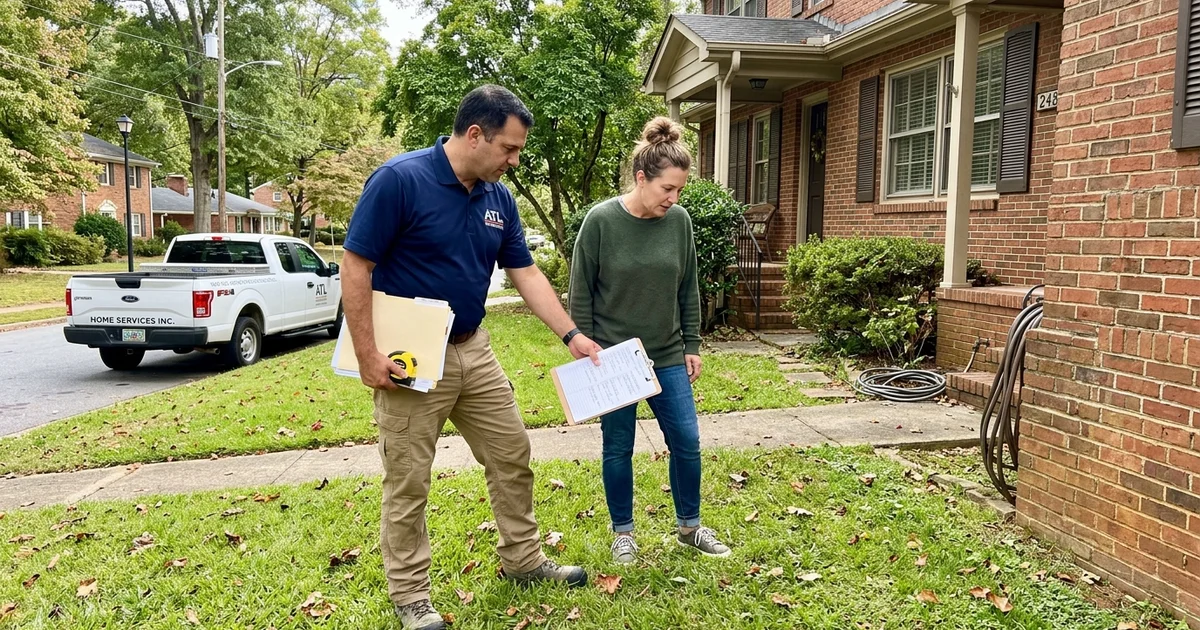 Certified inspector reviewing foundation repair options with a homeowner beside an Atlanta house