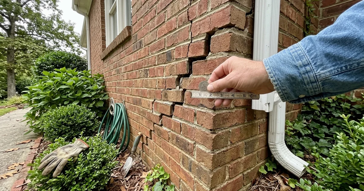 Close-up of a stair-step crack running through the mortar joints of an Atlanta home's exterior brick