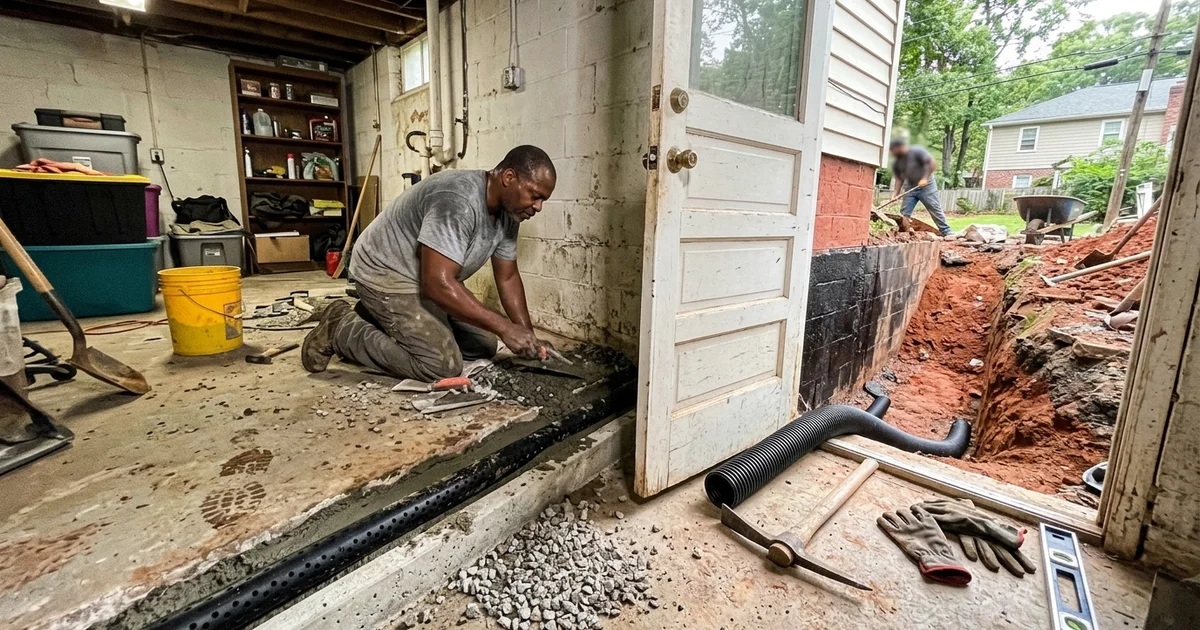 Interior basement drainage channel alongside an exterior foundation excavation trench