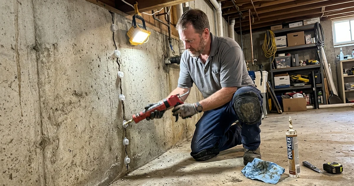 Technician injecting sealant into a vertical foundation crack through surface ports