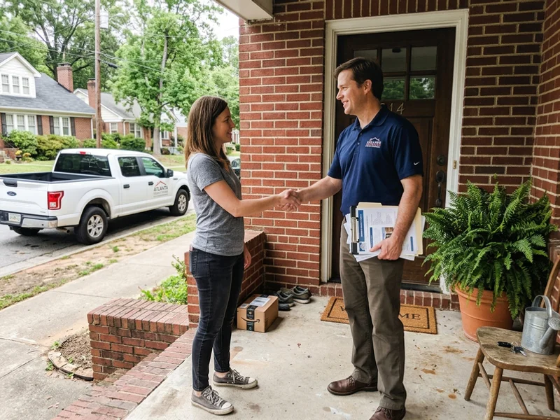 Certified inspector greeting a homeowner at the front door of an Atlanta home