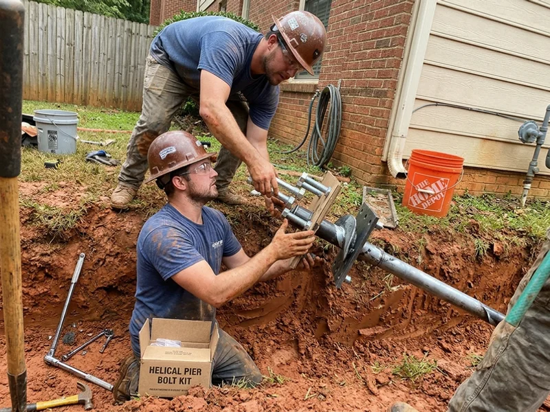 Helical pier bracket installed against a footing in an open trench
