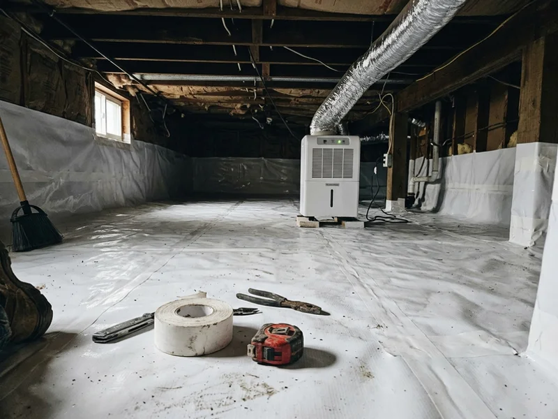 Encapsulated crawl space with a taped white vapor barrier and dehumidifier