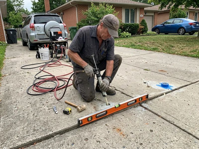 Technician injecting polyurethane foam to lift a sunken driveway slab