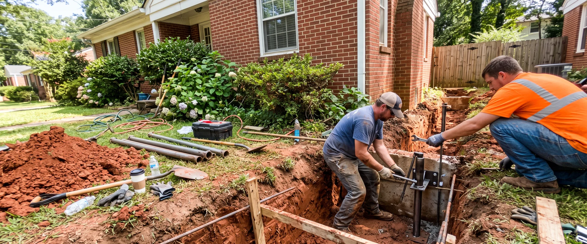 Crew installing a steel push pier bracket against the footing of an Atlanta home