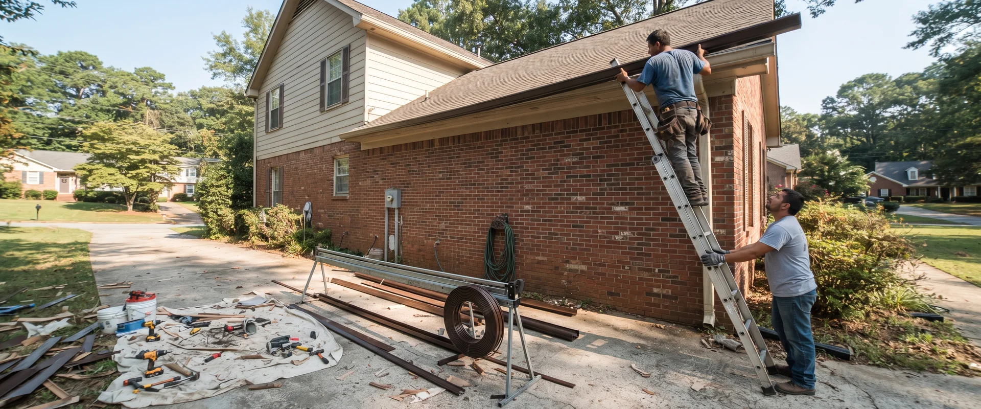 Installer fitting a one-piece covered gutter system along the roofline of an Atlanta home