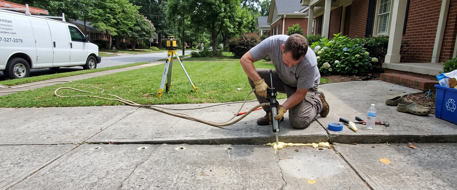 Technician injecting polyurethane foam through injection ports in a sunken driveway slab