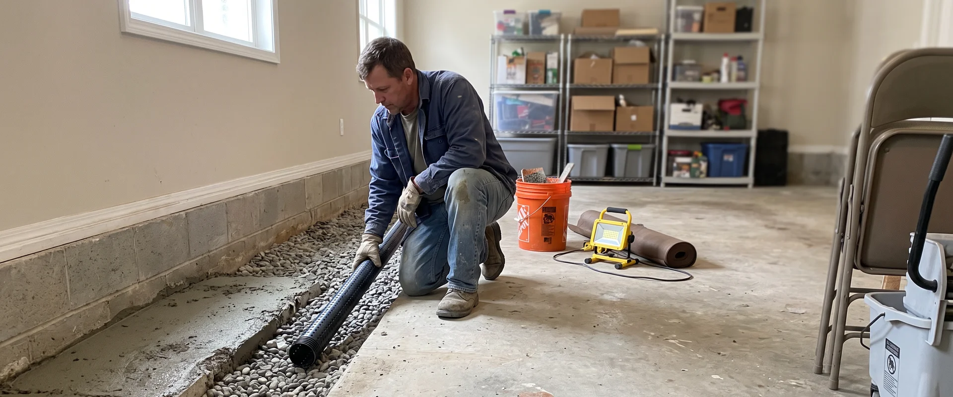 Technician installing an interior French drain channel along a basement wall