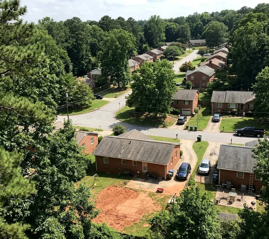 Suburban Atlanta neighborhood of brick homes on red clay lots