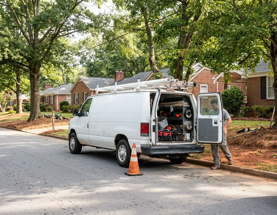 Branded service truck parked on a suburban Atlanta street