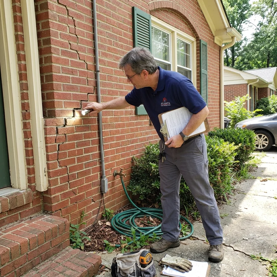 Certified inspector examining a stair-step crack on an Atlanta home's brick exterior