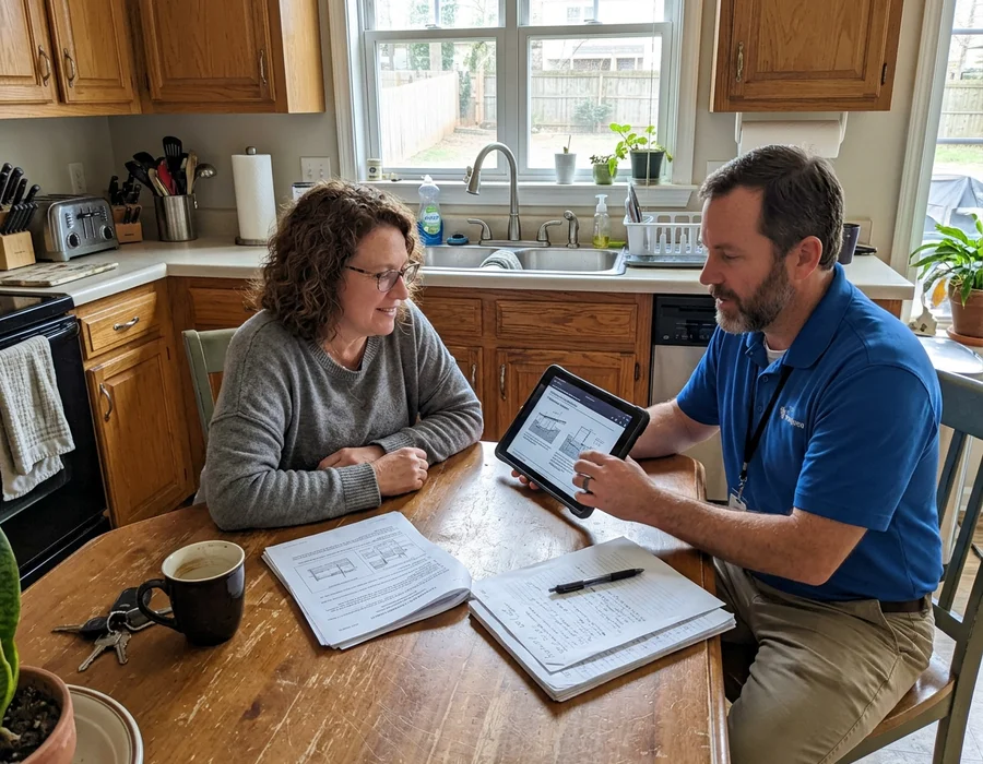 Inspector reviewing a foundation report with a homeowner at a kitchen table