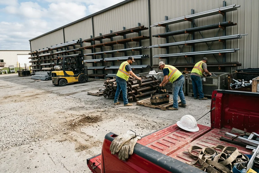 Crew organizing helical pier sections and tools in the branch yard