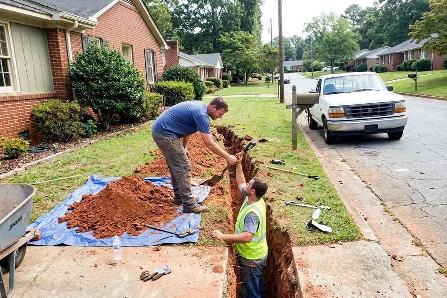 Crew working in a trench beside a brick home foundation on a residential Georgia street