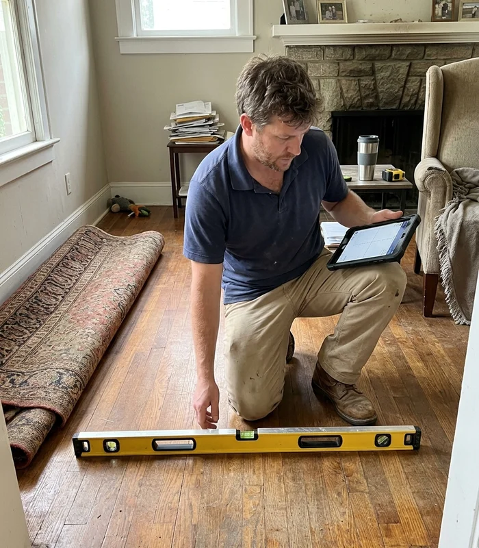 Inspector checking floor slope with a level inside an older Atlanta home
