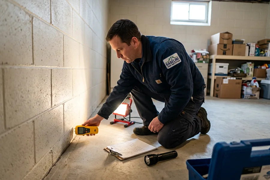 Inspector taking a moisture reading at a basement cove joint