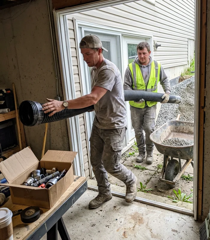 Crew members carrying drainage pipe into a basement walkout