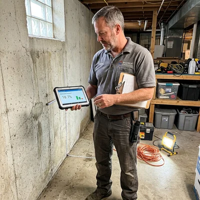 Marcus Whitfield, certified foundation inspector, beside a basement wall in an Atlanta home