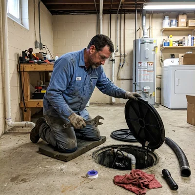Danielle Carter, waterproofing specialist, working at a sump pump in a residential basement